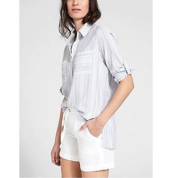 Athleta Tops - ATHLETA MICRO STRIPE PENINSULA BLUE WHITE TOP